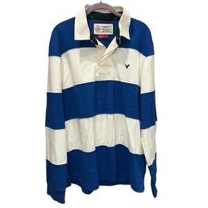 American Eagle Rugby Shirt Large Blue White Striped Long Sleeve Polo Preppy